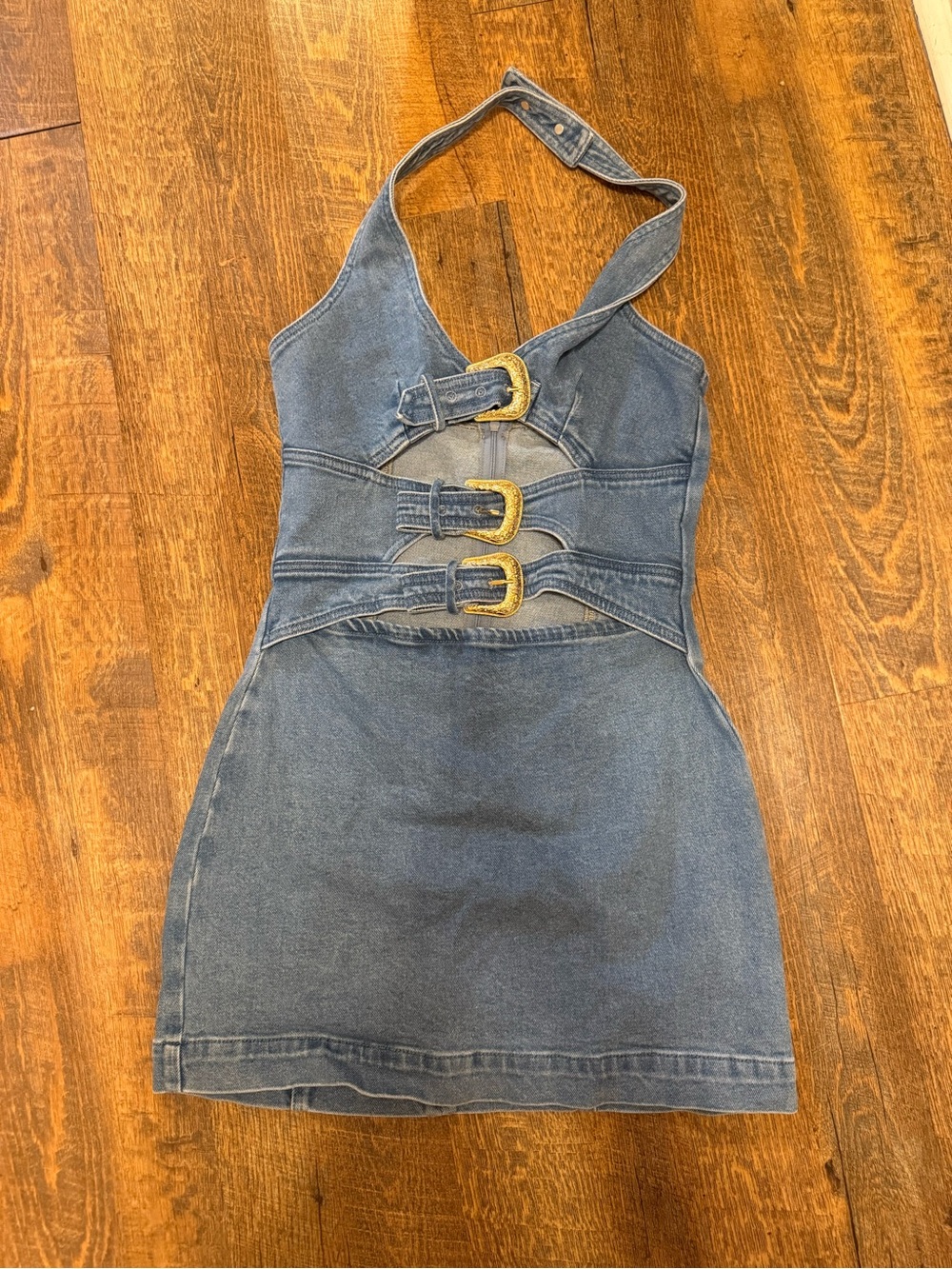 Commense Denim Halter Mini Dress S Western Gold Buckle Cutout Y2K